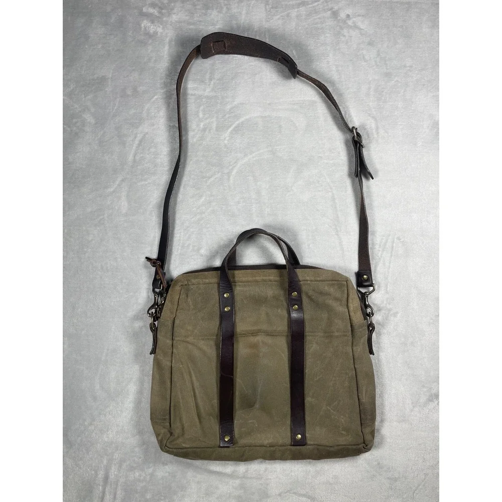 J. Stark Waxed Canvas Briefcase Messenger Bag Olive Brown Leather Strap USA